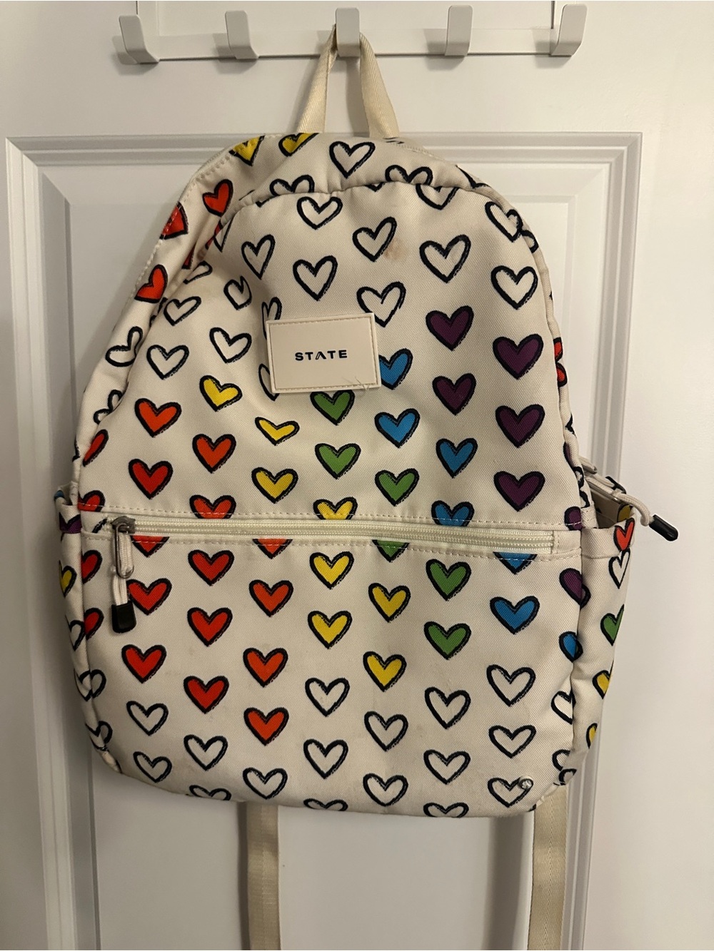 STATE Cream Backpack with Multi Colored Heart Print